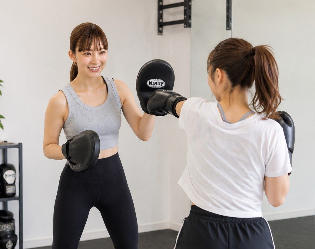 ミットを構える指導者と、パンチを打ち込む練習者